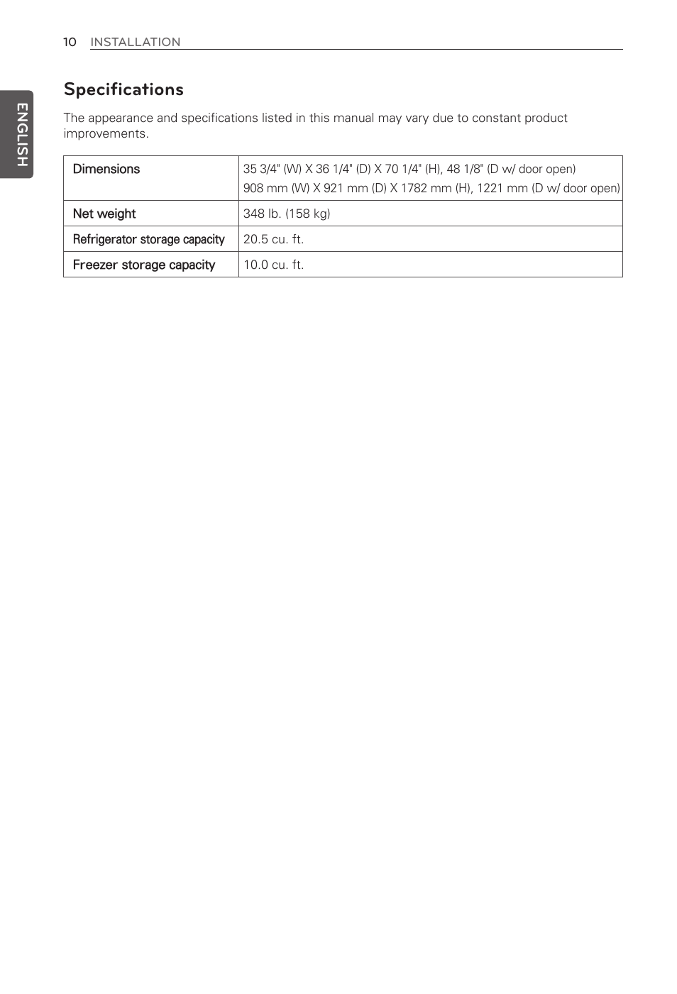Specifications | LG LFX31945ST User Manual | Page 10 / 63