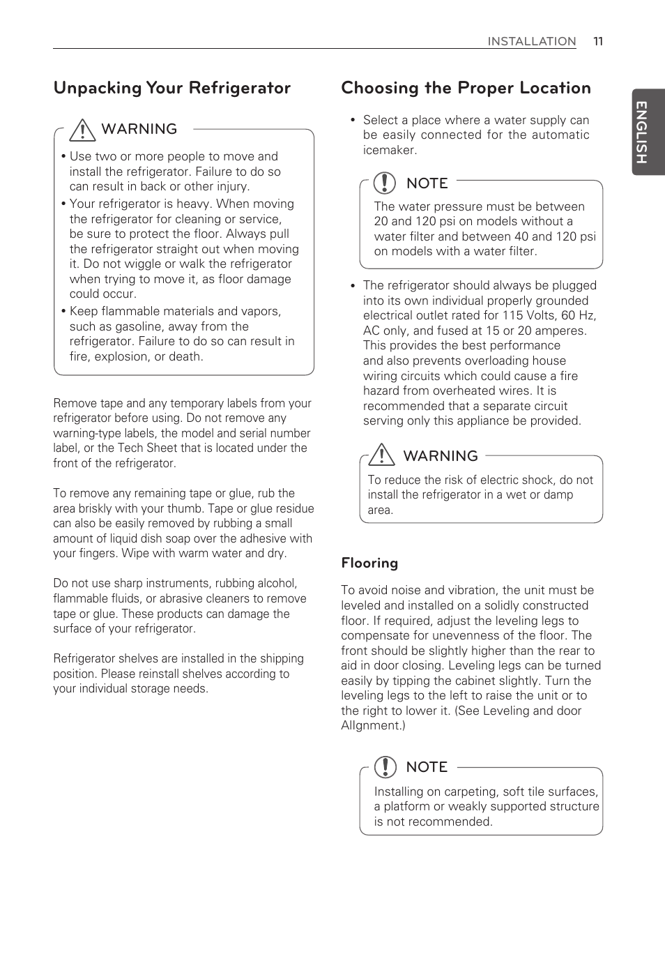 Choosing the proper location, Unpacking your refrigerator | LG LFX31945ST User Manual | Page 11 / 63