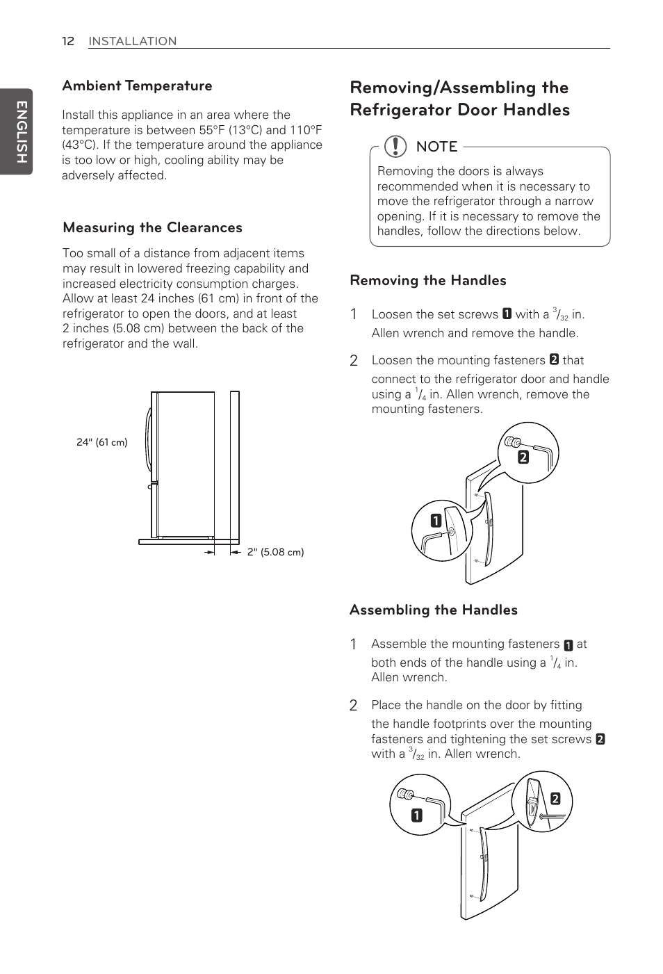 Removing/assembling the refrigerator door handles, Ambient temperature, Measuring the clearances | Removing the handles 1, Assembling the handles 1, English | LG LFX31945ST User Manual | Page 12 / 63