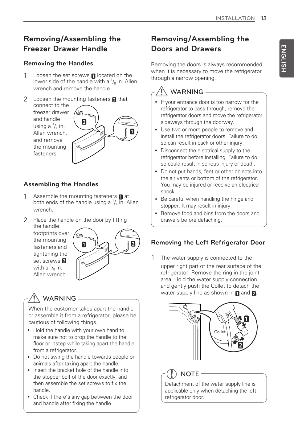 Removing/assembling the freezer drawer handle, Removing/assembling the doors and drawers, Removing the handles 1 | Assembling the handles 1, Removing the left refrigerator door 1, Warning | LG LFX31945ST User Manual | Page 13 / 63