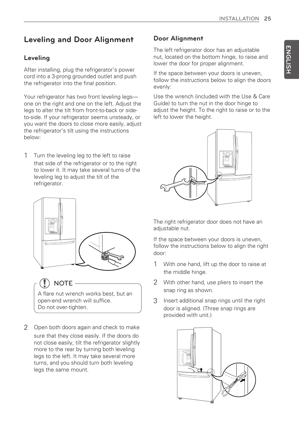 Leveling and door alignment | LG LFX31945ST User Manual | Page 25 / 63
