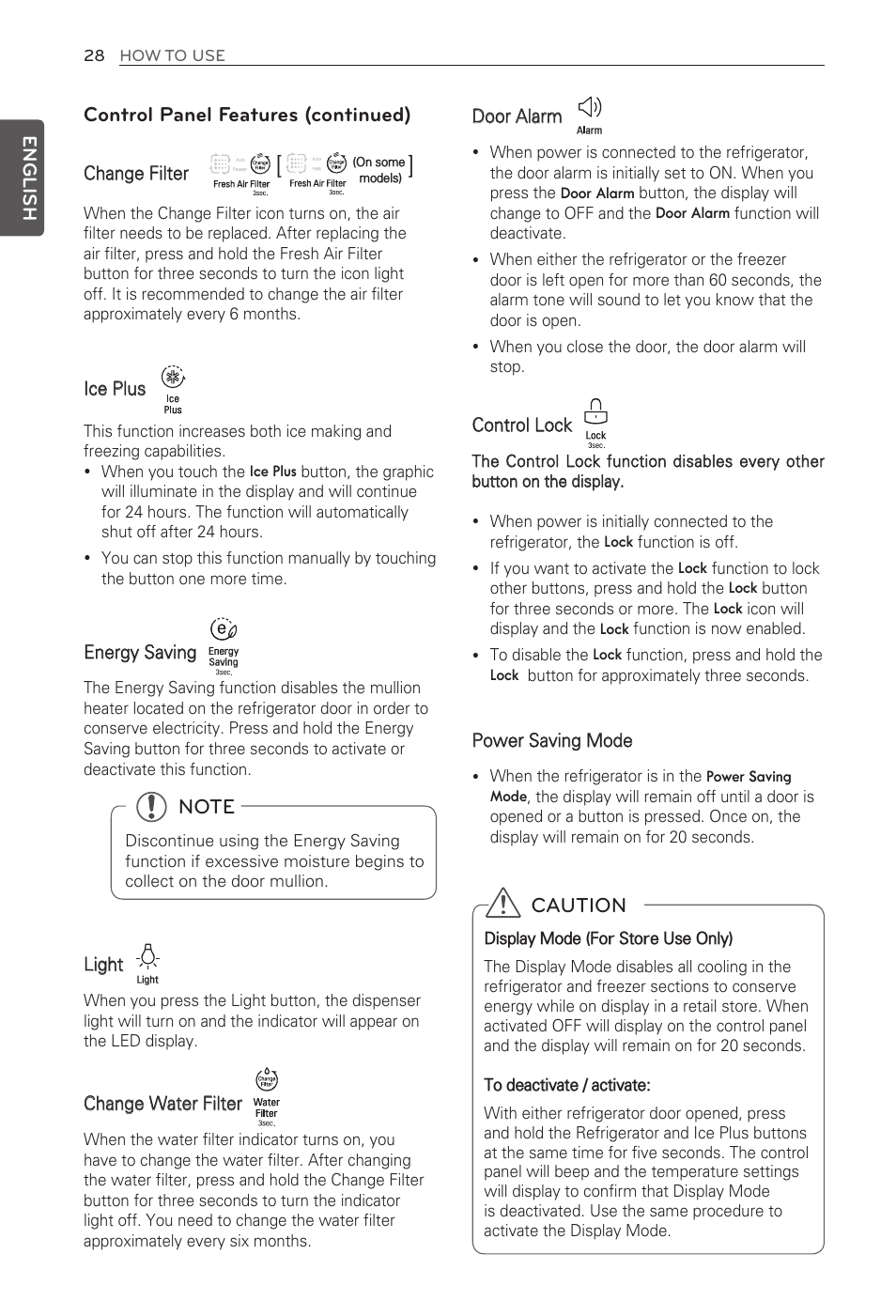 Control panel features (continued), Caution | LG LFX31945ST User Manual | Page 28 / 63