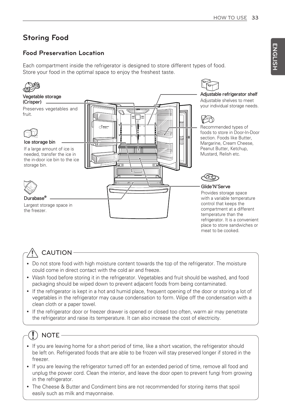 Storing food, Food preservation location, Caution | English | LG LFX31945ST User Manual | Page 33 / 63