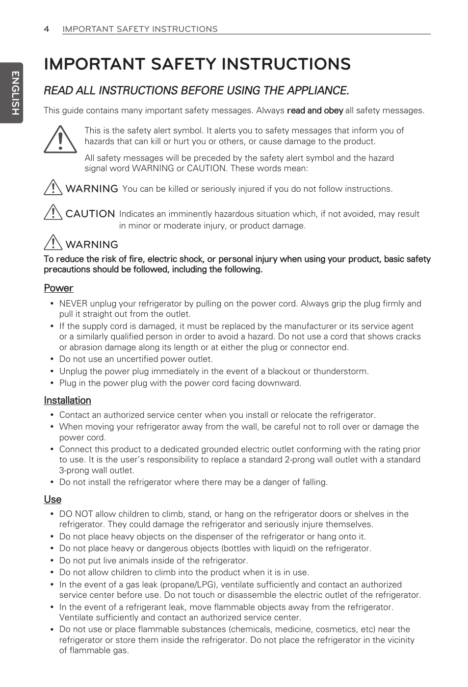 Important safety instructions, Read all instructions before using the appliance, Warning | Caution | LG LFX31945ST User Manual | Page 4 / 63