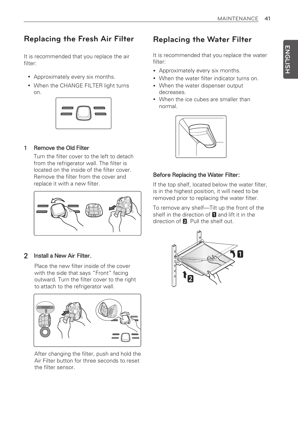 Replacing the fresh air filter, Replacing the water filter | LG LFX31945ST User Manual | Page 41 / 63