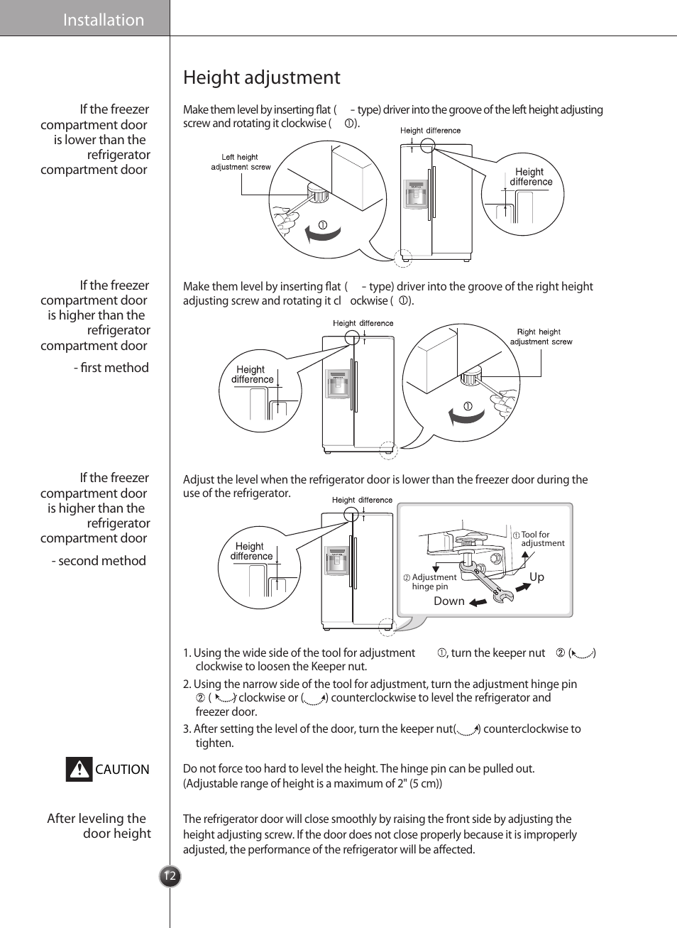 Height adjustment, Installation | LG LSC26905SB User Manual | Page 12 / 29