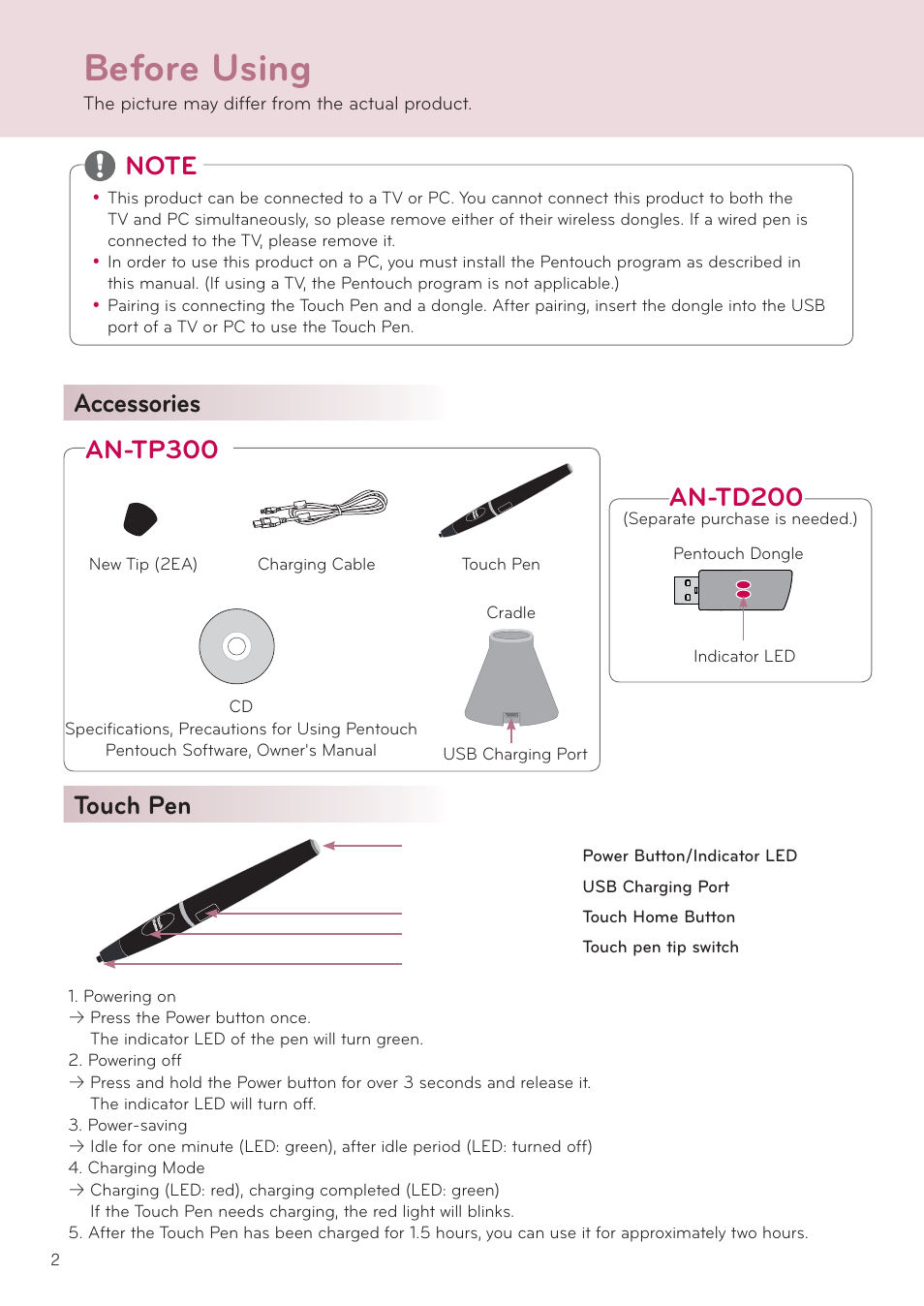 Before using, Accessories, Touch pen | Touch pen accessories, An-td200, An-tp300, The picture may differ from the actual product | LG AN-TP300 User Manual | Page 2 / 10
