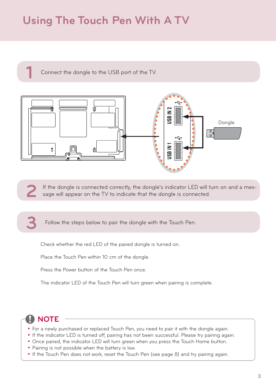 Using the touch pen with a tv | LG AN-TP300 User Manual | Page 3 / 10