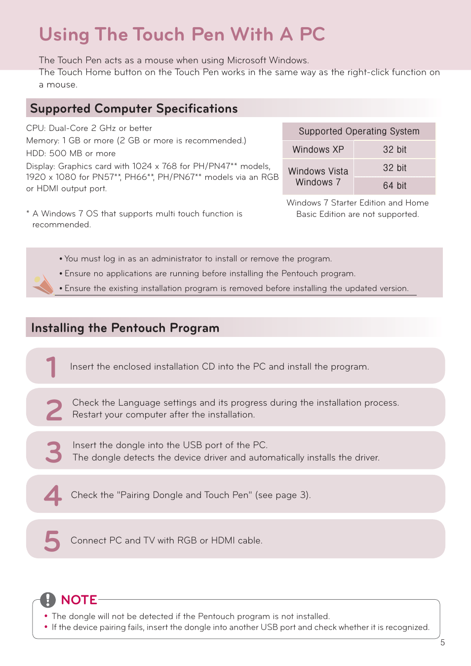 Using the touch pen with a pc, Supported computer specifi cations, Installing the pentouch program | LG AN-TP300 User Manual | Page 5 / 10