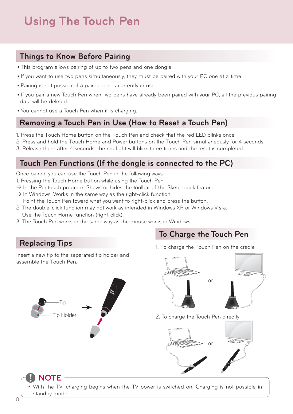 Using the touch pen, Things to know before pairing, Replacing tips | To charge the touch pen | LG AN-TP300 User Manual | Page 8 / 10