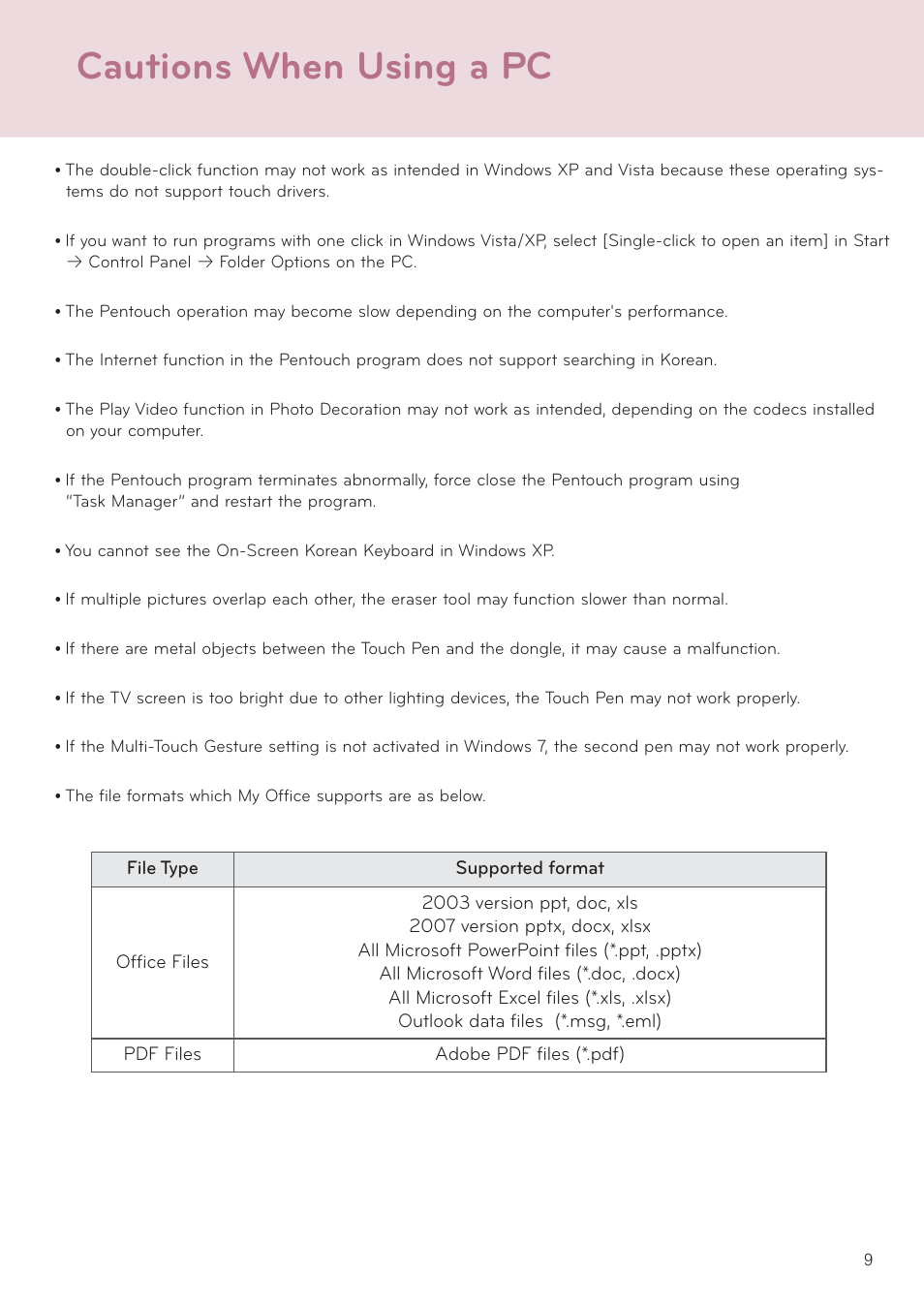 Cautions when using a pc | LG AN-TP300 User Manual | Page 9 / 10