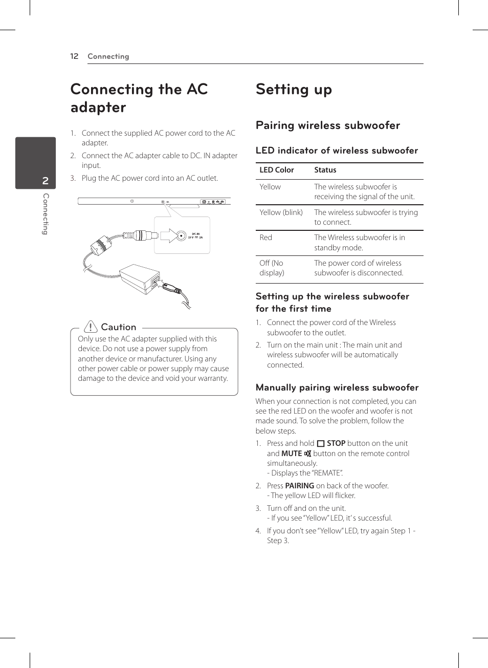 Connecting the ac adapter, Setting up, Pairing wireless subwoofer | LG NB4530B User Manual | Page 12 / 30