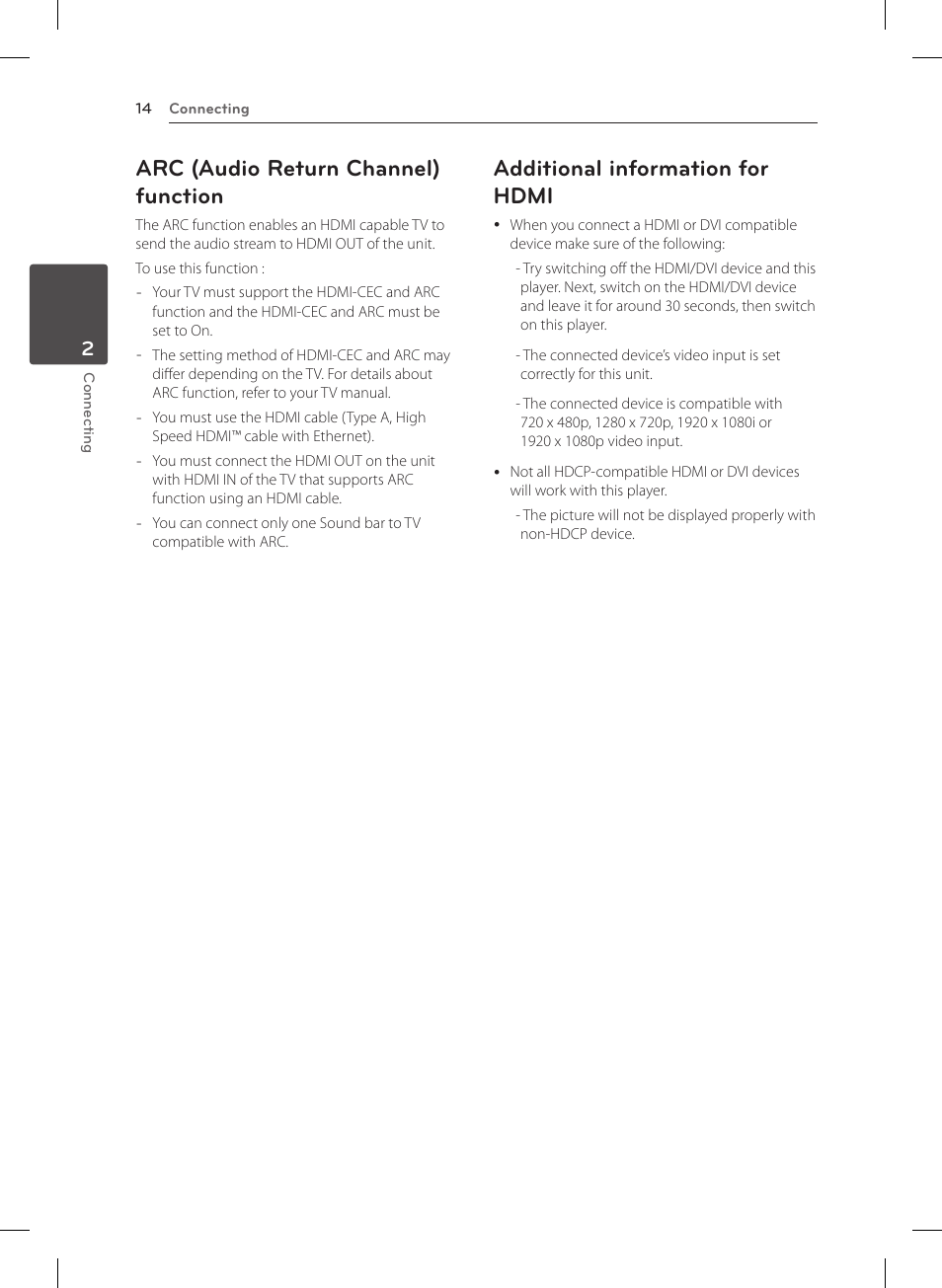 Arc (audio return channel) function, Additional information for hdmi | LG NB4530B User Manual | Page 14 / 30
