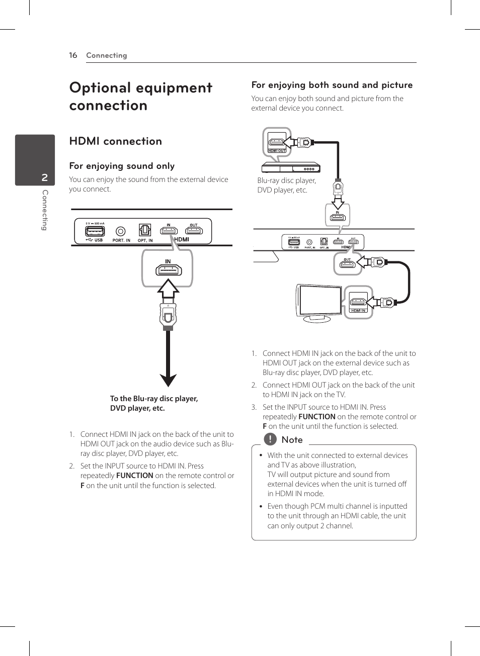 Optional equipment connection, Hdmi connection | LG NB4530B User Manual | Page 16 / 30