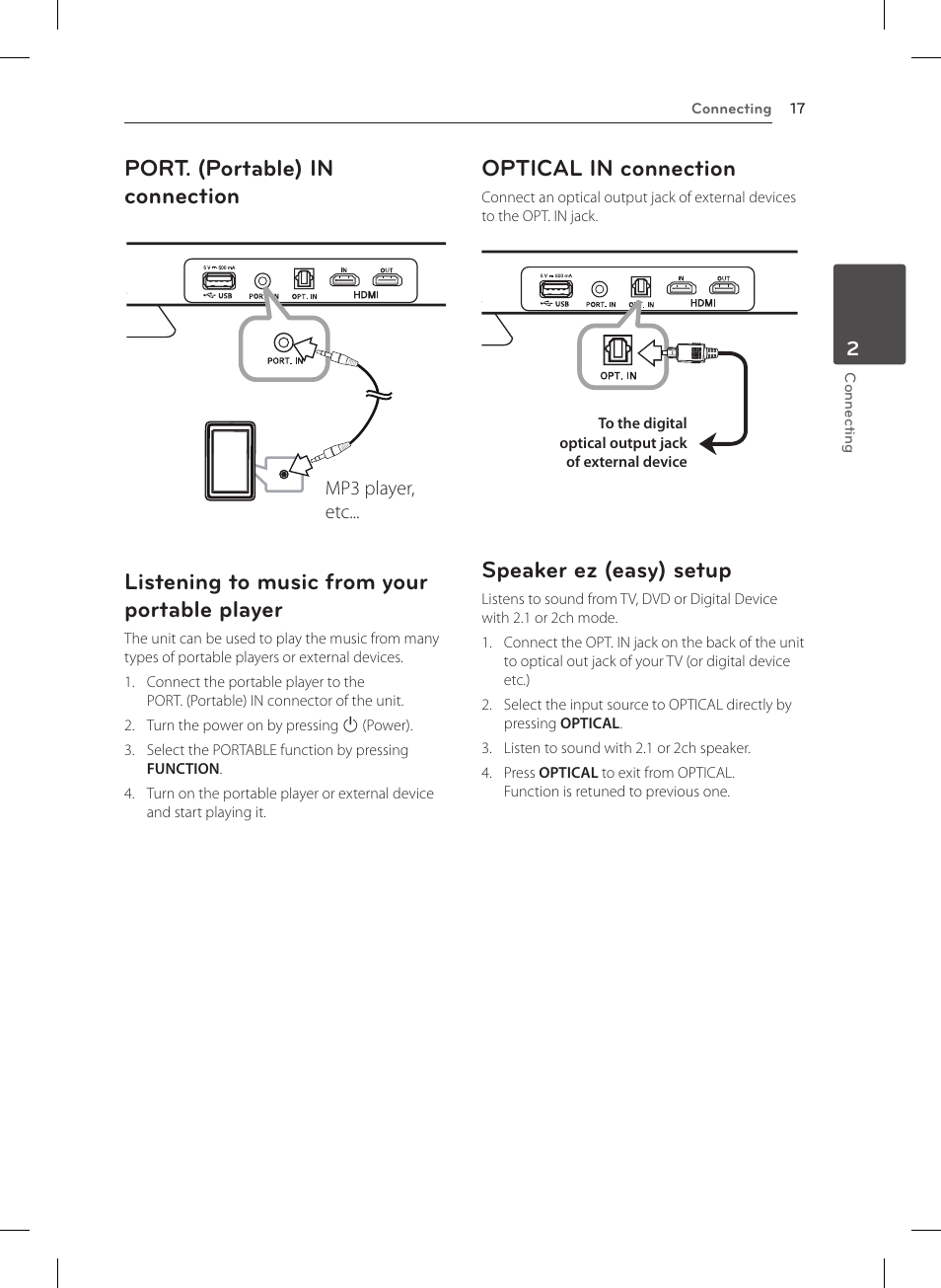 Port. (portable) in connection, Listening to music from your portable player, Optical in connection | Speaker ez (easy) setup | LG NB4530B User Manual | Page 17 / 30