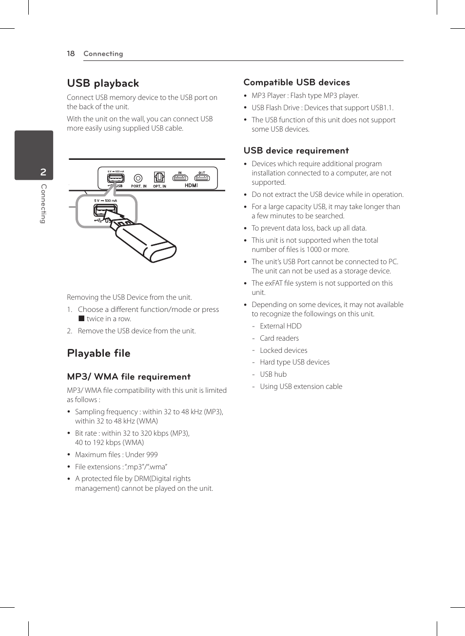 Usb playback, Playable file, Mp3/ wma file requirement | Compatible usb devices, Usb device requirement | LG NB4530B User Manual | Page 18 / 30