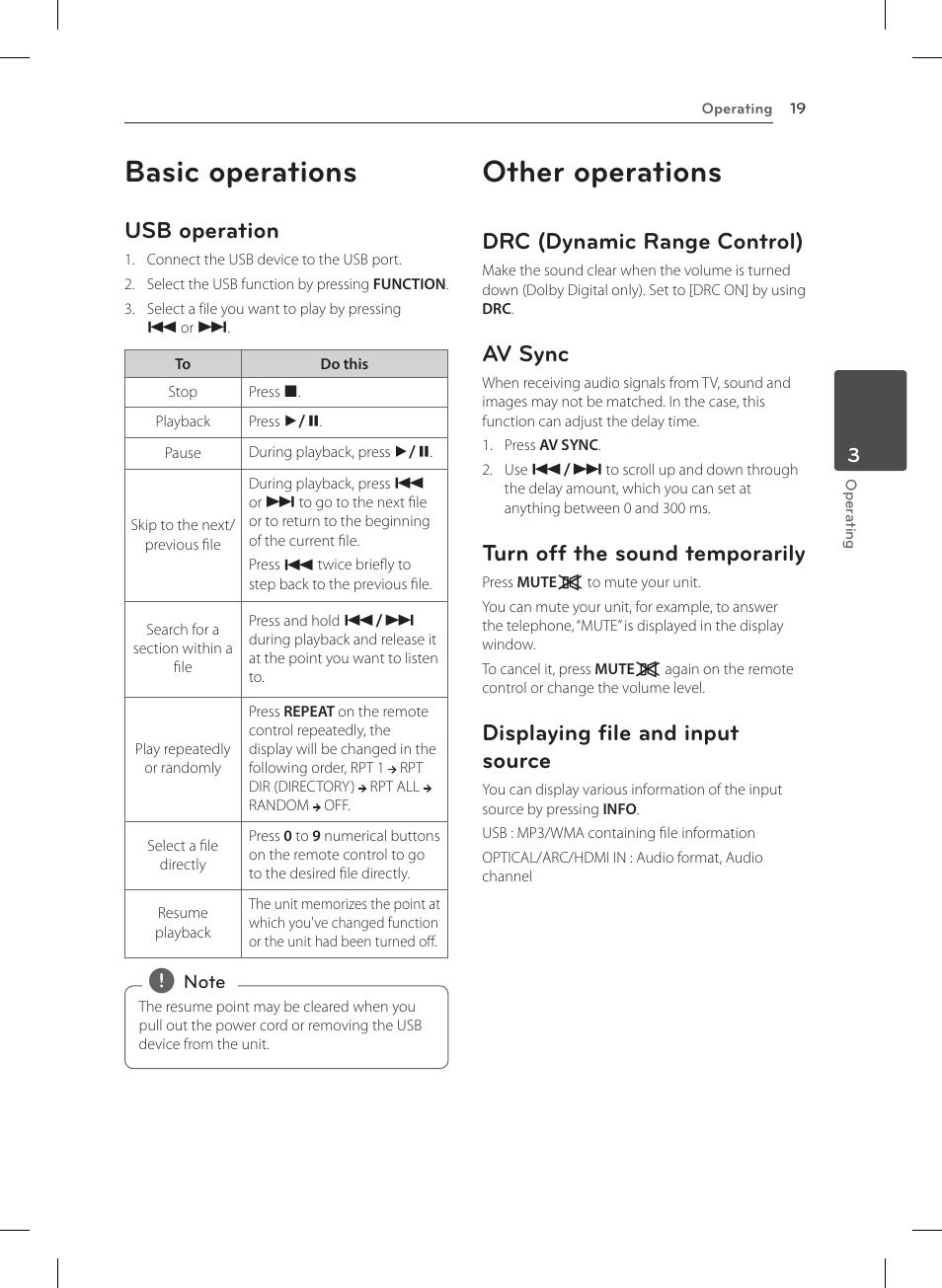 Basic operations, Other operations, Usb operation | Drc (dynamic range control), Av sync, Turn off the sound temporarily, Displaying file and input source | LG NB4530B User Manual | Page 19 / 30