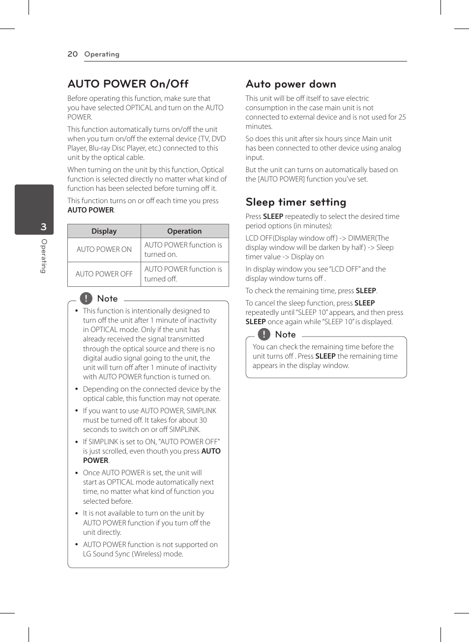 Auto power on/off, Auto power down, Sleep timer setting | LG NB4530B User Manual | Page 20 / 30