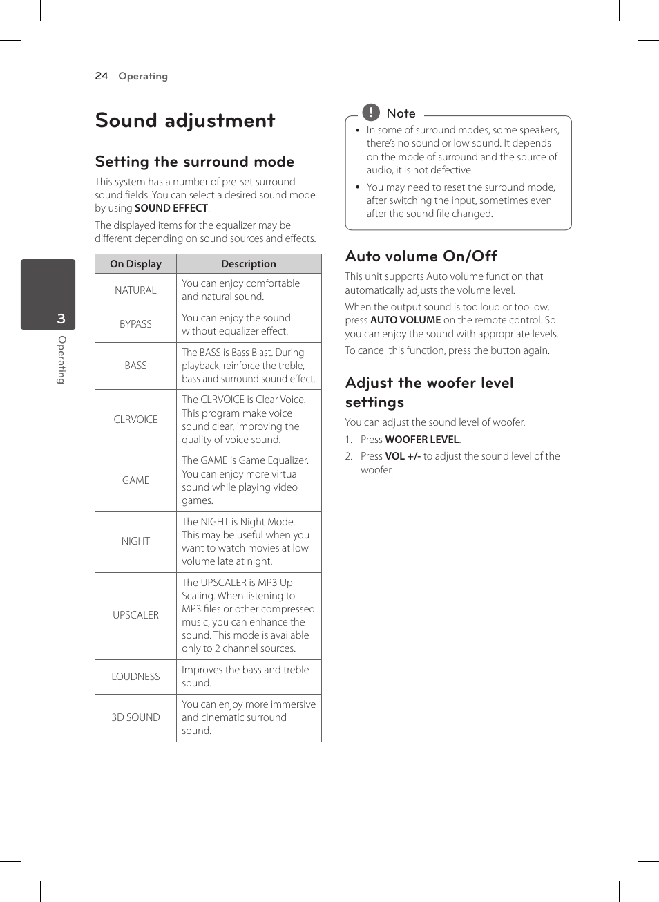 Sound adjustment, Setting the surround mode, Auto volume on/off | Adjust the woofer level settings | LG NB4530B User Manual | Page 24 / 30