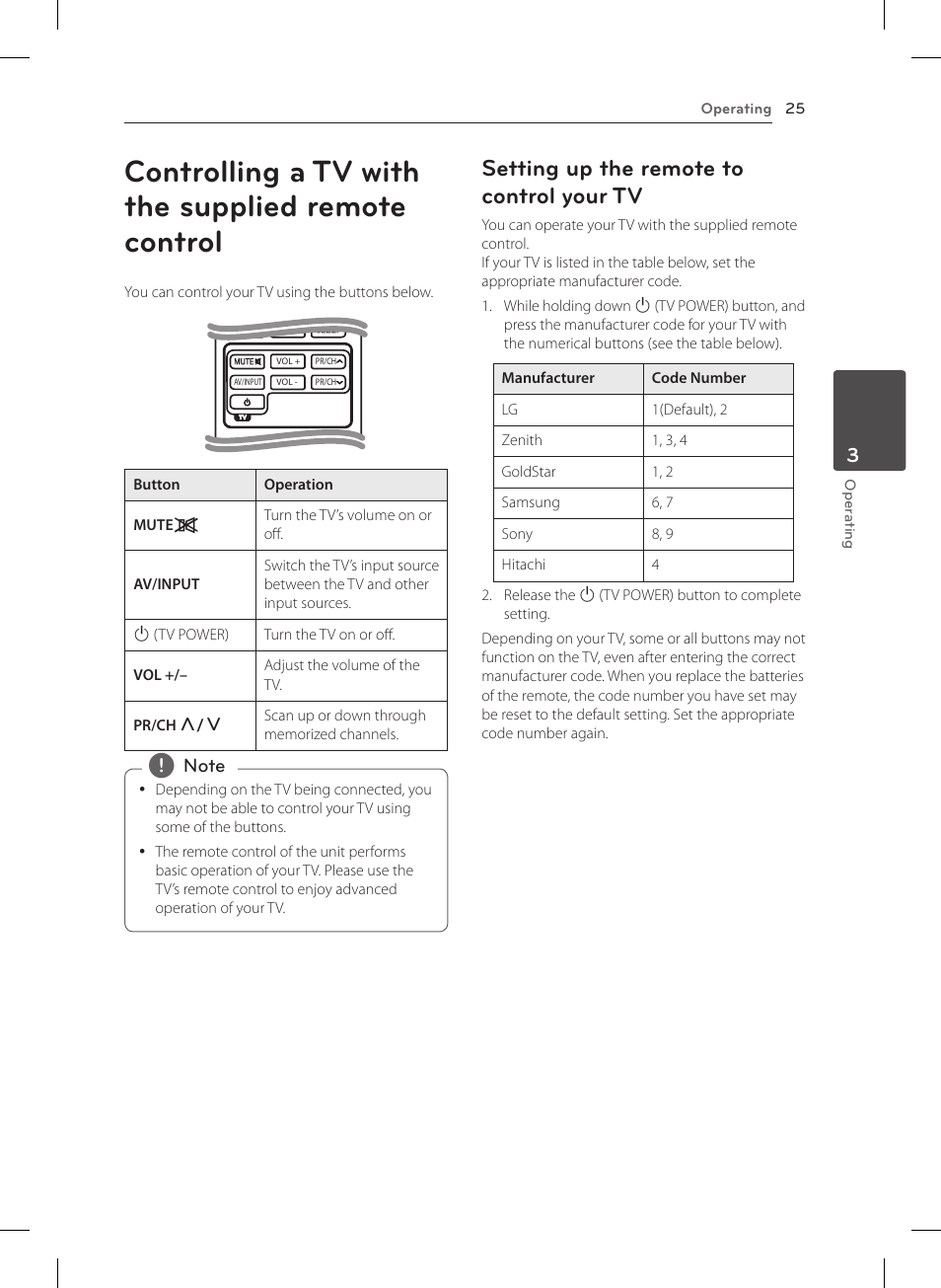 Controlling a tv with the supplied remote control, Setting up the remote to control your tv | LG NB4530B User Manual | Page 25 / 30