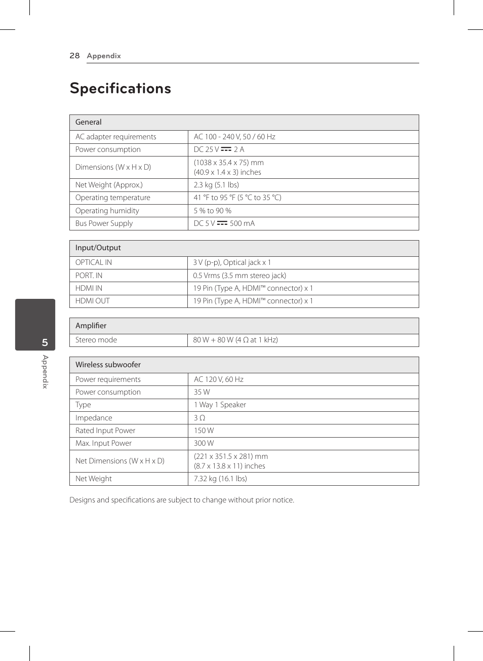 Specifications | LG NB4530B User Manual | Page 28 / 30