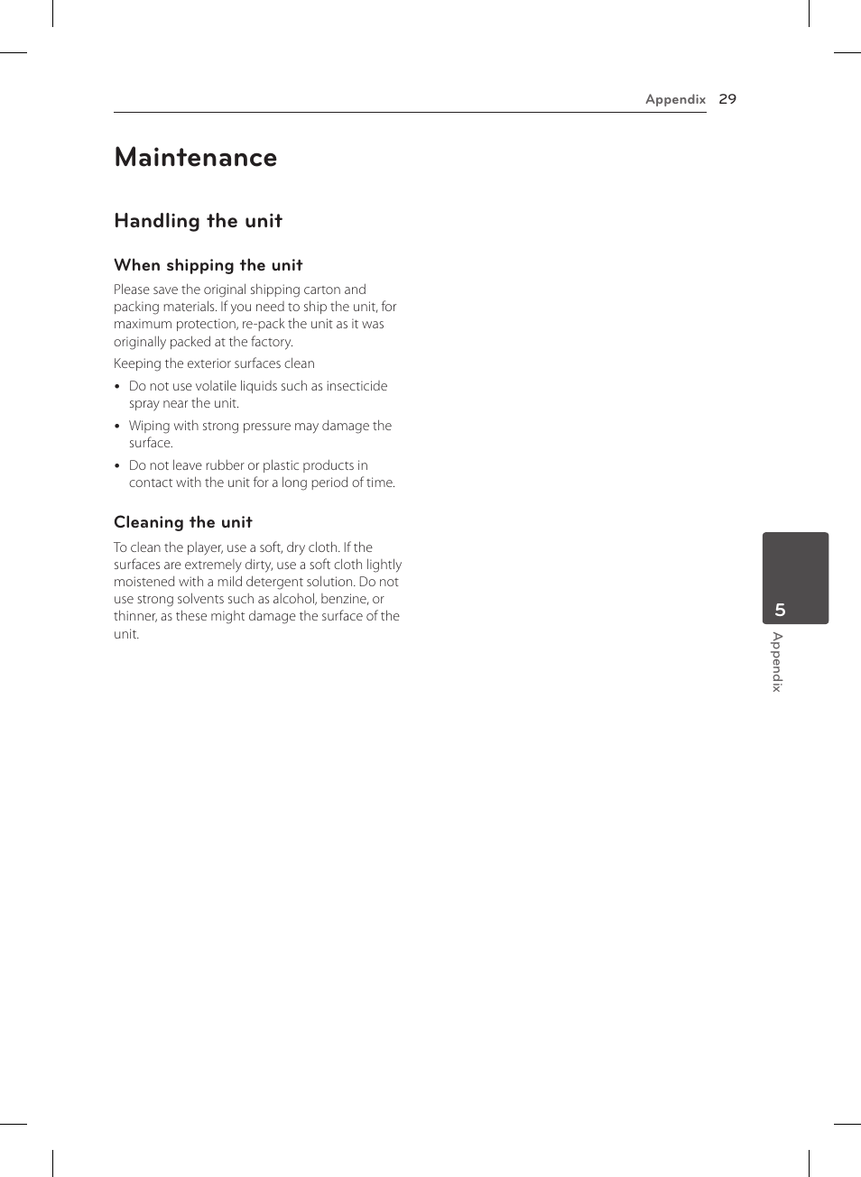 Maintenance, Handling the unit | LG NB4530B User Manual | Page 29 / 30