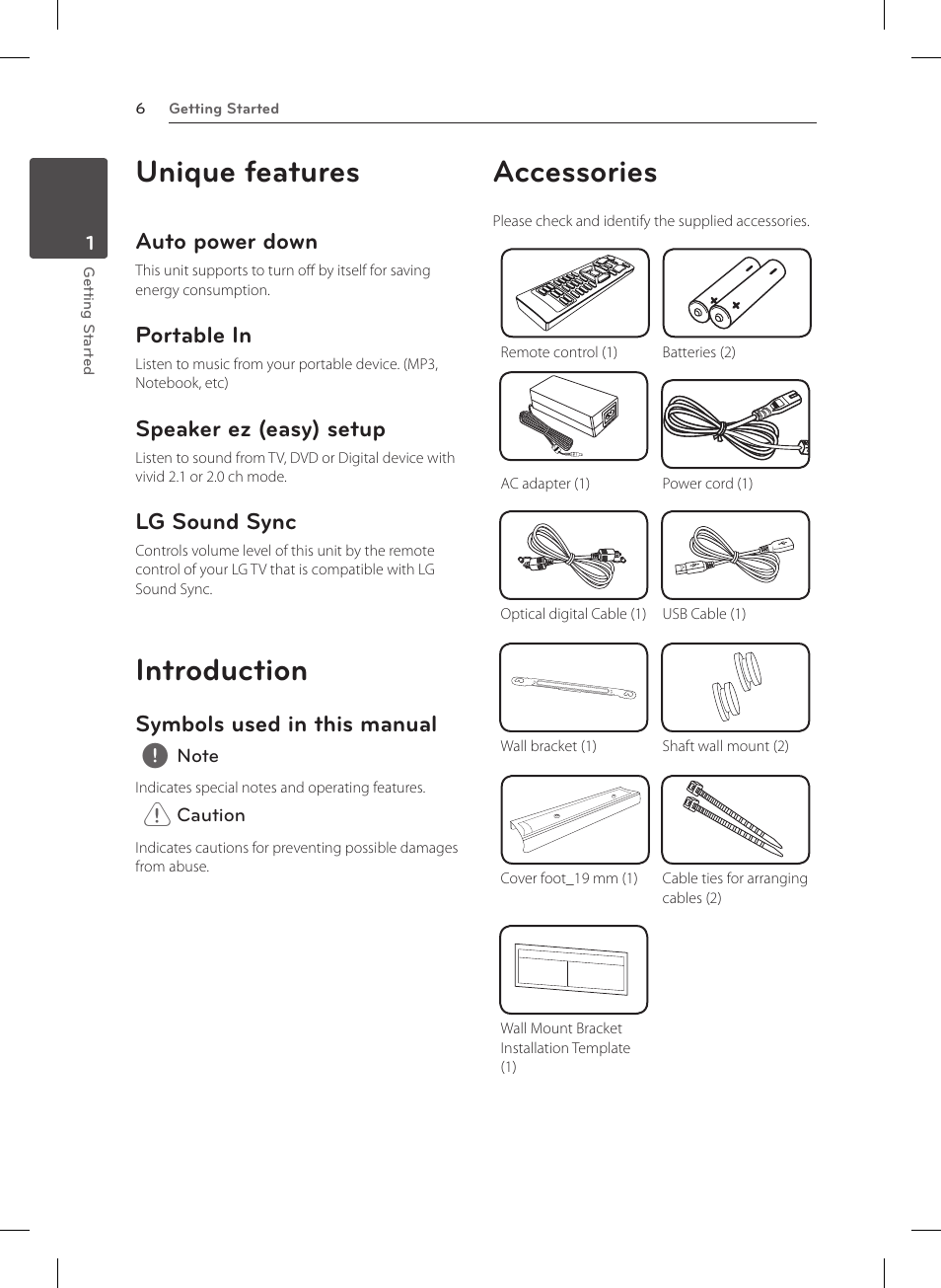 Unique features, Introduction, Accessories | Auto power down, Portable in, Speaker ez (easy) setup, Lg sound sync, Symbols used in this manual | LG NB4530B User Manual | Page 6 / 30