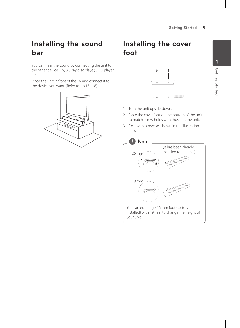 Installing the sound bar, Installing the cover foot | LG NB4530B User Manual | Page 9 / 30