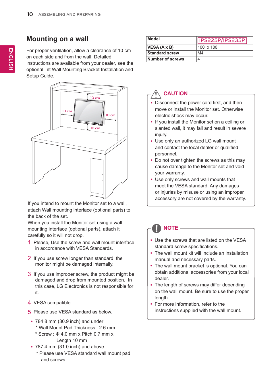 Mounting on a wall | LG IPS235P-BN User Manual | Page 10 / 27