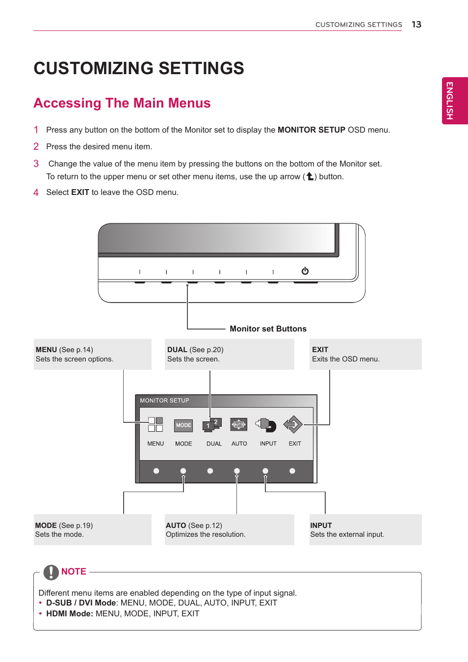 Customizing settings, Accessing the main menus, 13 accessing the main menus | LG IPS235P-BN User Manual | Page 13 / 27