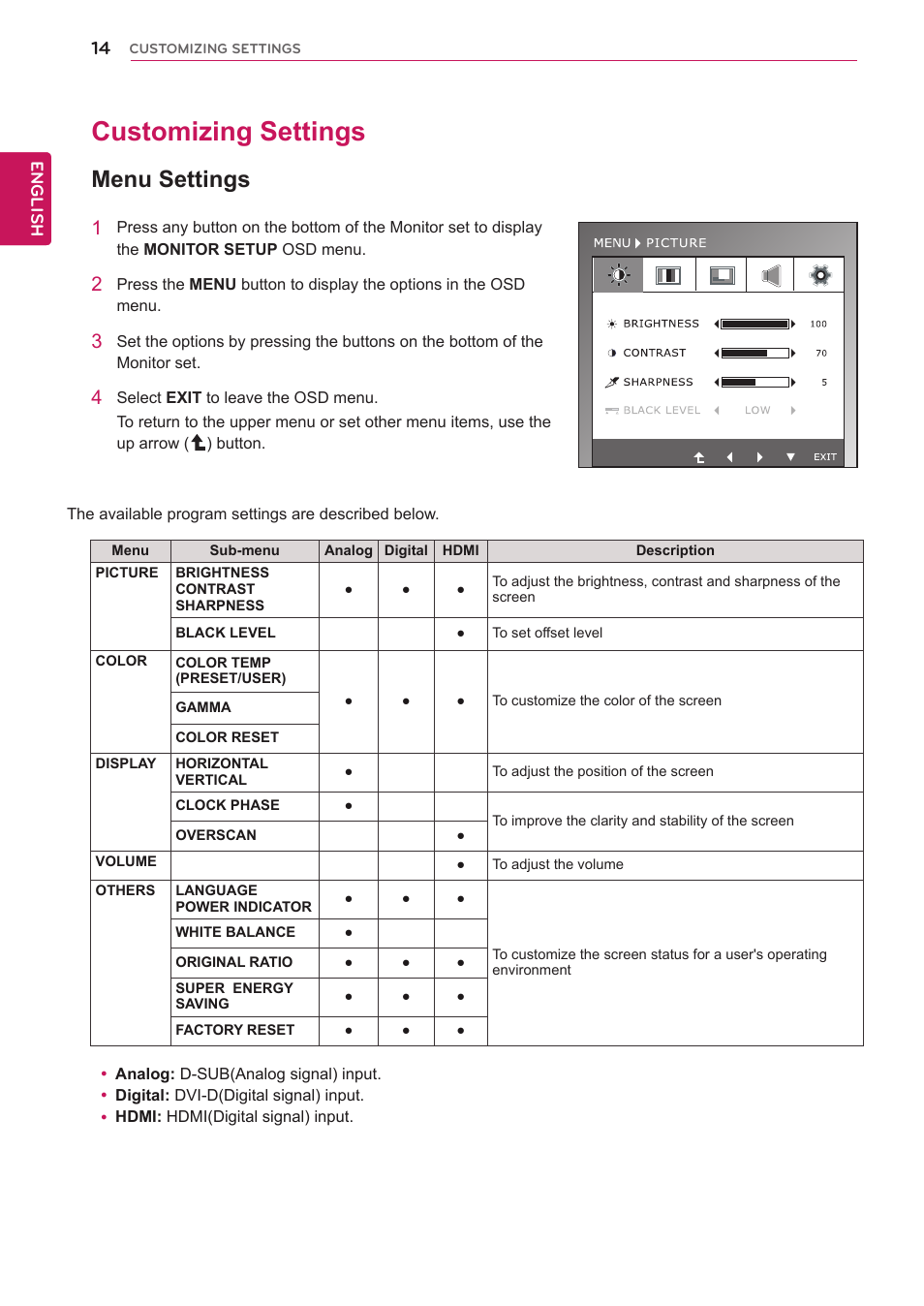 Customizing settings, Menu settings, 14 customizing settings 14 | LG IPS235P-BN User Manual | Page 14 / 27