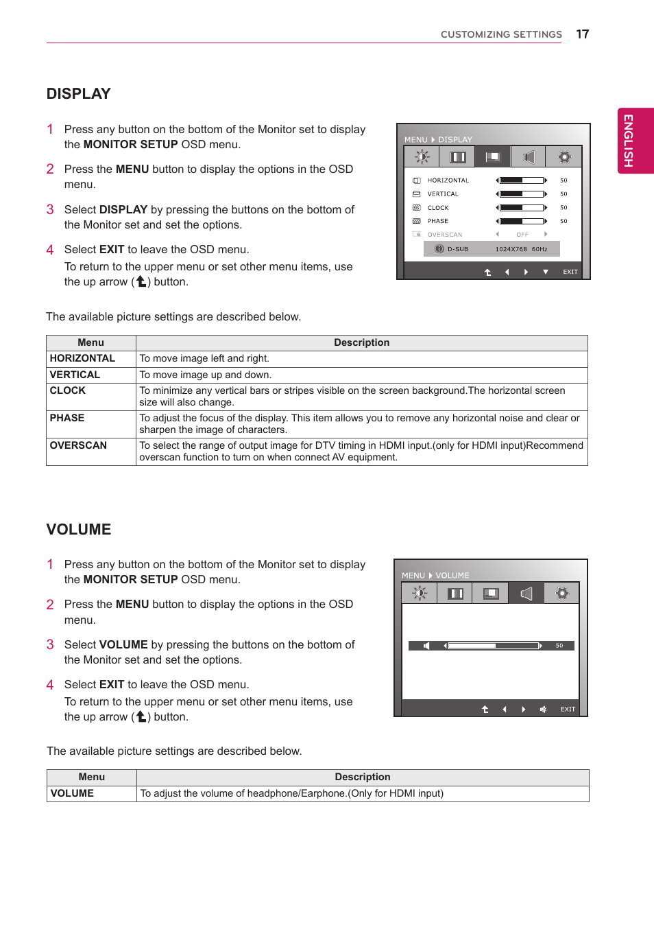 Display, Volume | LG IPS235P-BN User Manual | Page 17 / 27