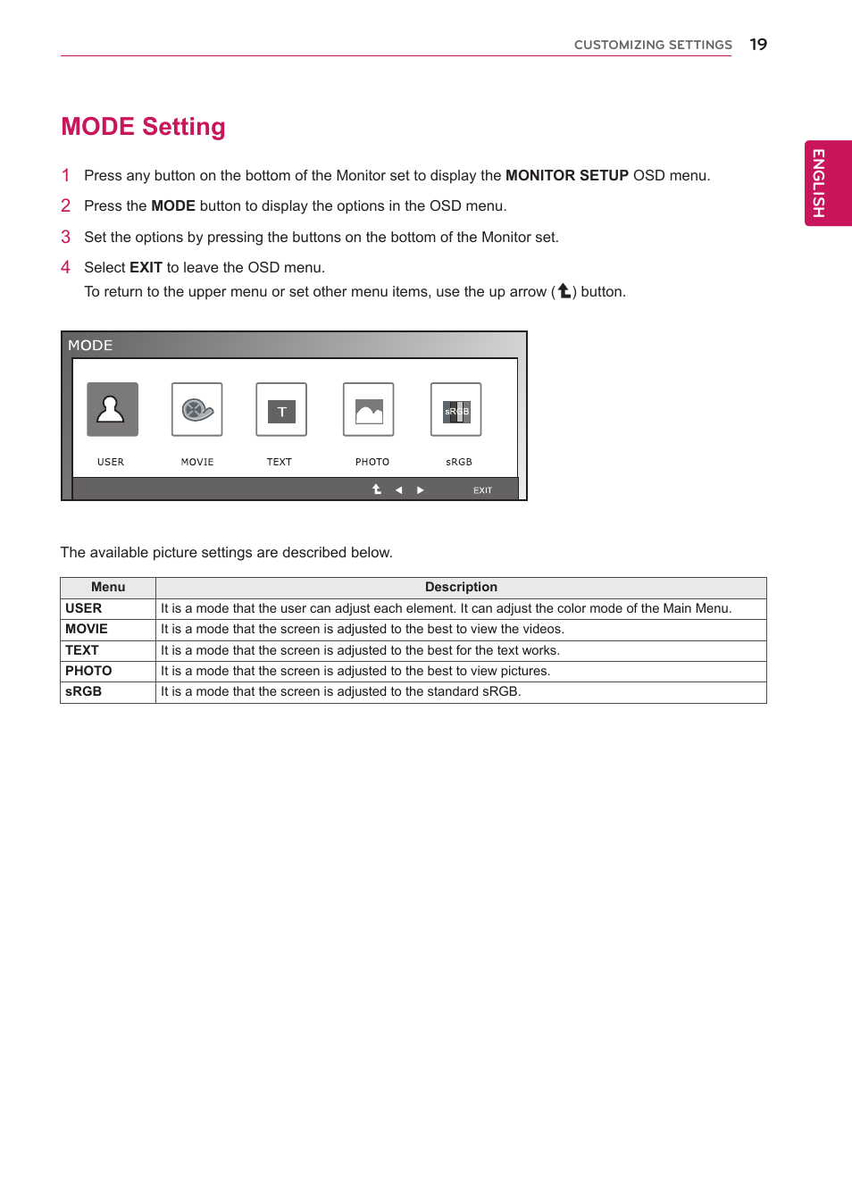 Mode setting, 19 mode setting | LG IPS235P-BN User Manual | Page 19 / 27