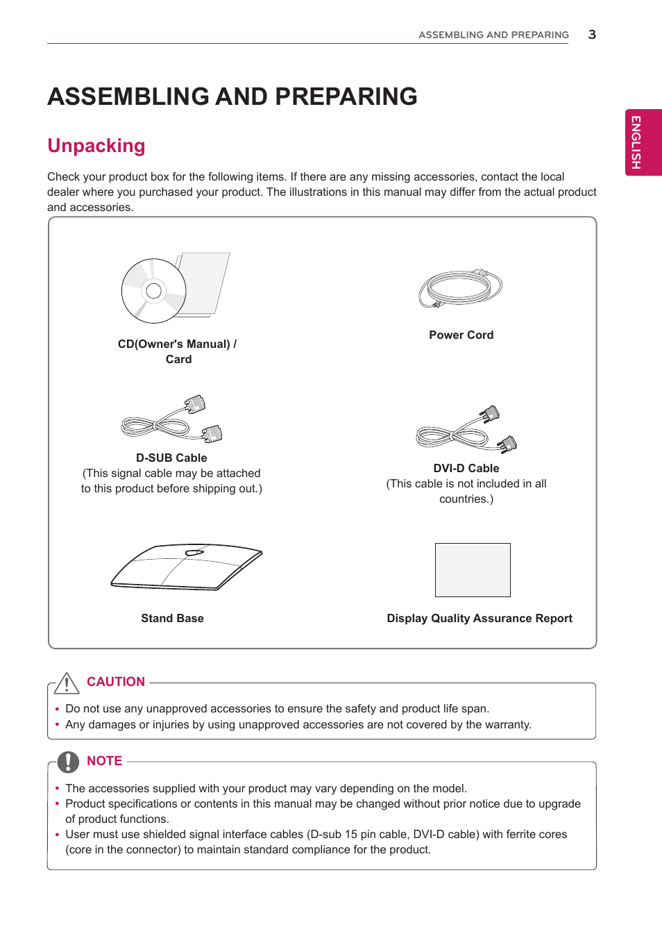 Assembling and preparing, Unpacking, Assembling and prepar | LG IPS235P-BN User Manual | Page 3 / 27