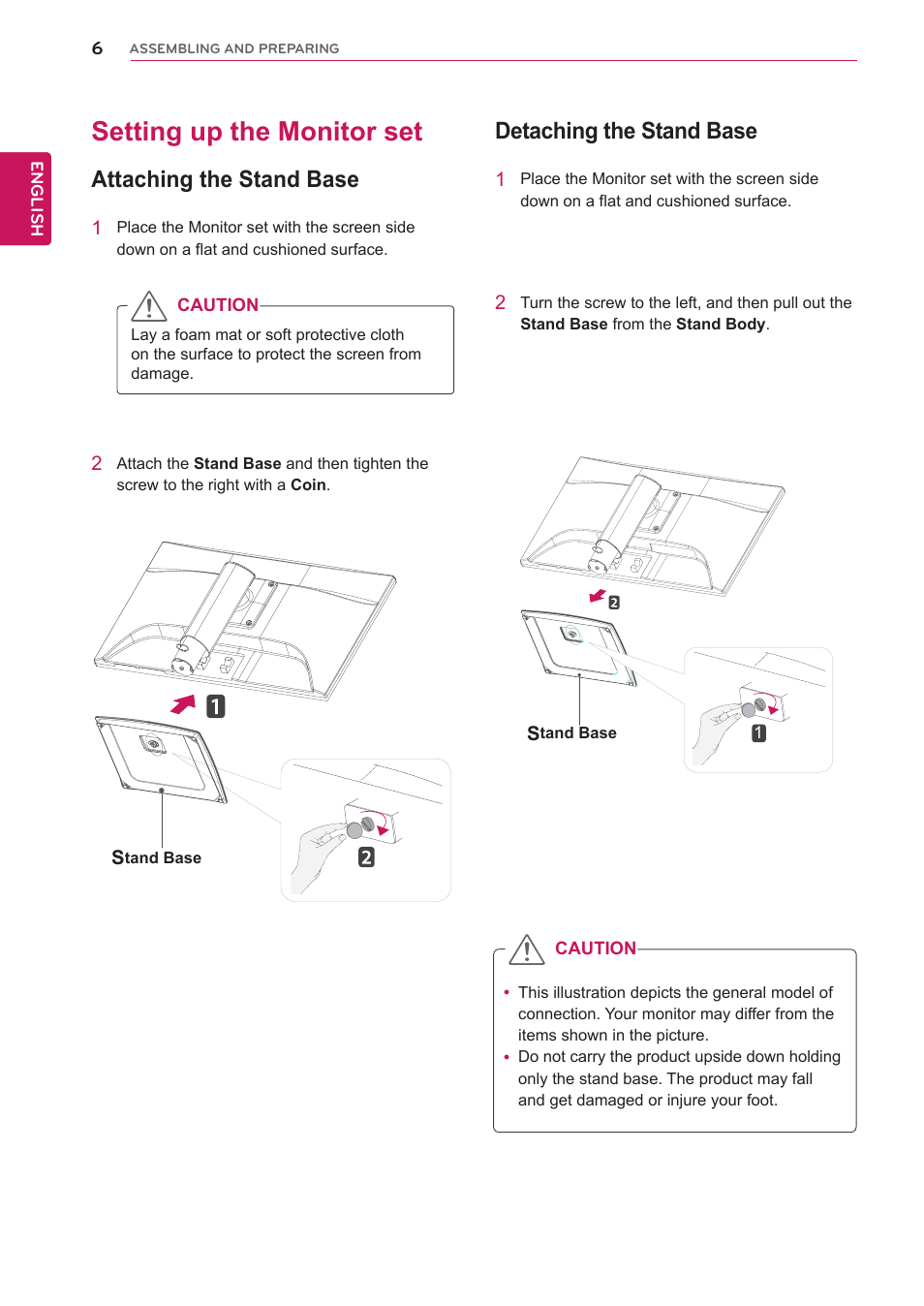 Setting up the monitor set, Attaching the stand base, Detaching the stand base | LG IPS235P-BN User Manual | Page 6 / 27