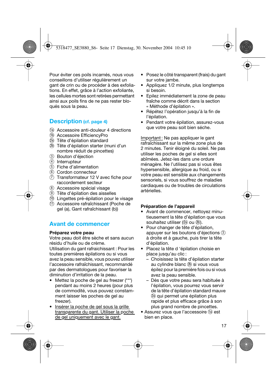 Description, Avant de commencer | Braun 3880 Silk-épil SoftPerfection User Manual | Page 16 / 87