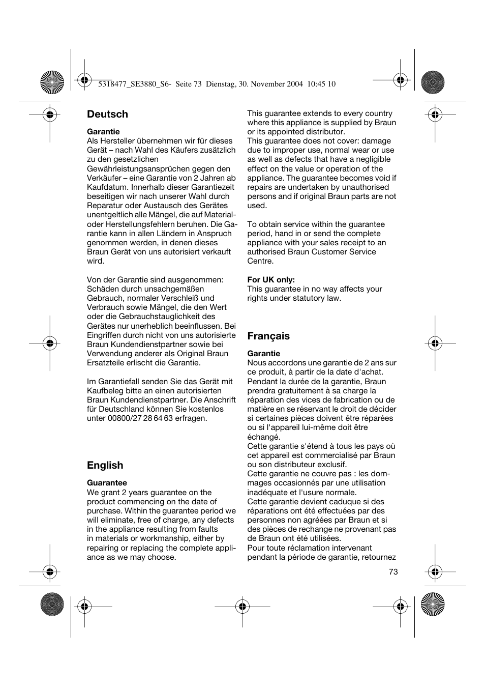 Deutsch, English, Français | Braun 3880 Silk-épil SoftPerfection User Manual | Page 72 / 87