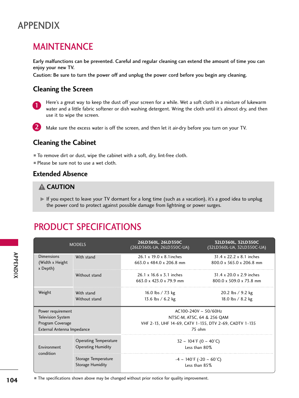 Maintenance, Product specifications, Appendix | Cleaning the screen, Cleaning the cabinet, Extended absence, Caution | LG 32LD350C User Manual | Page 104 / 126