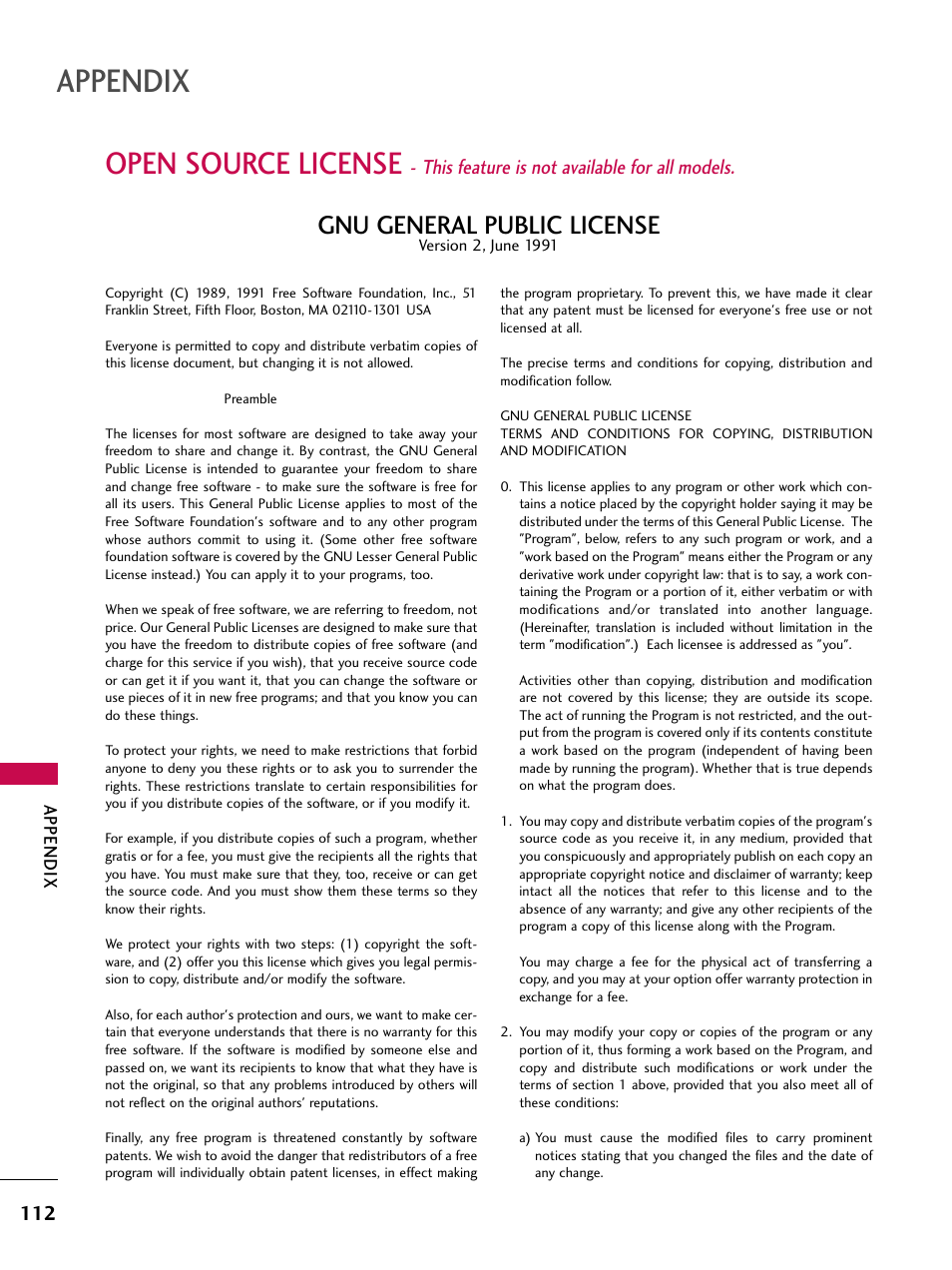 Open source license, Appendix, Gnu general public license | This feature is not available for all models | LG 32LD350C User Manual | Page 112 / 126