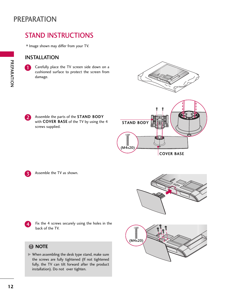 Stand instructions, Preparation, Installation | LG 32LD350C User Manual | Page 12 / 126