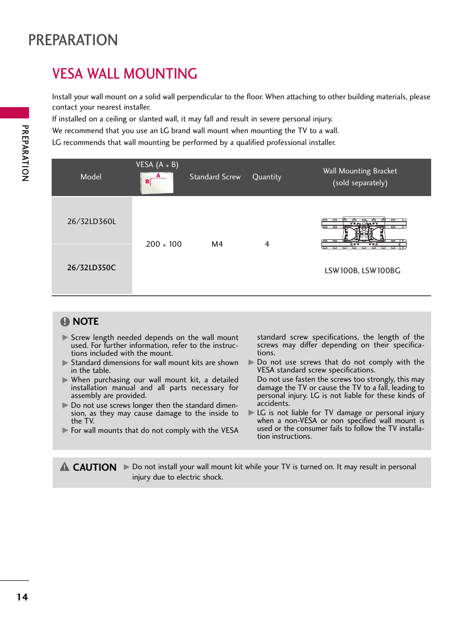 Vesa wall mounting, Preparation, Caution | Prep ar a tion | LG 32LD350C User Manual | Page 14 / 126