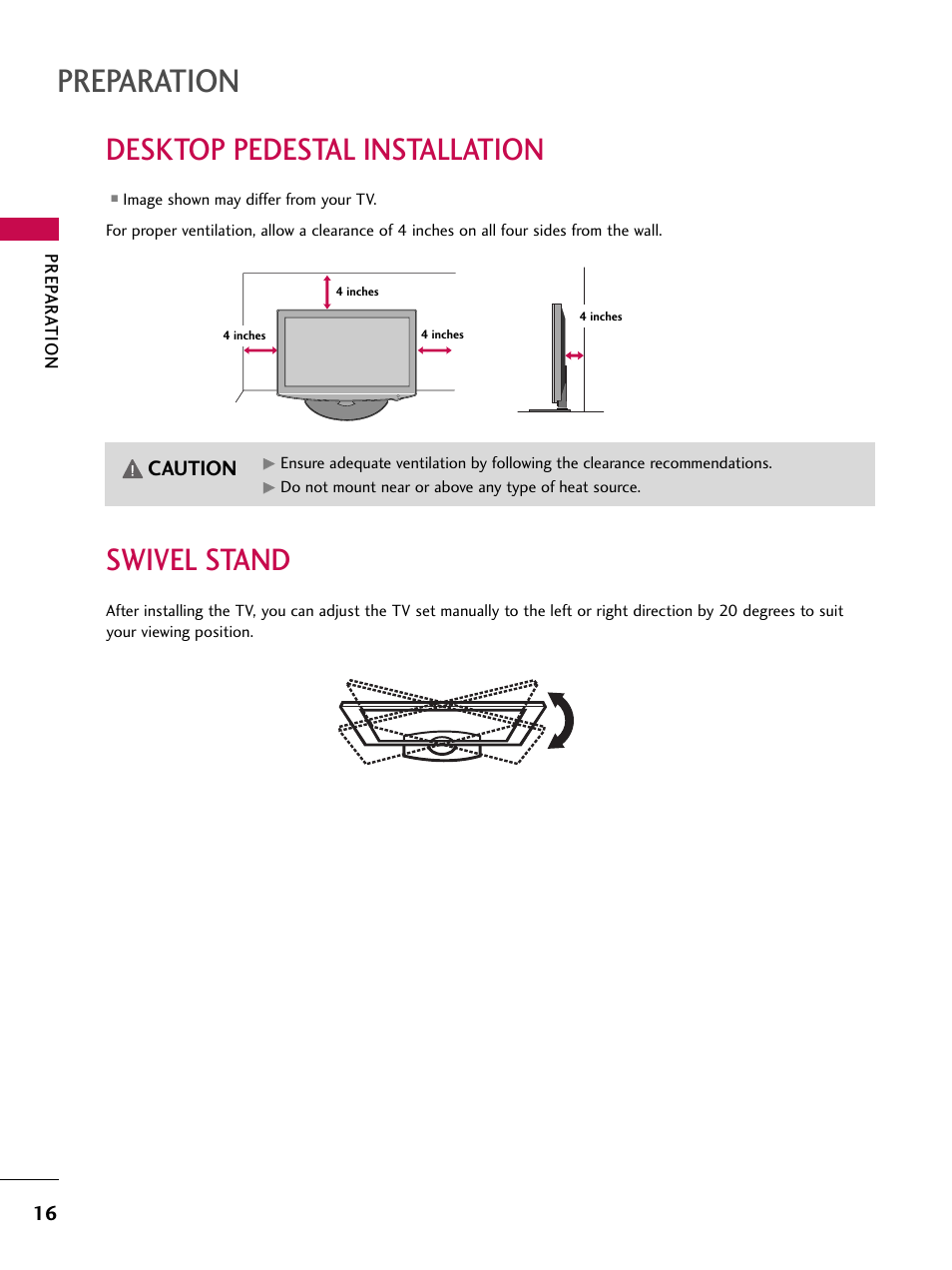 Desktop pedestal installation, Swivel stand, Preparation | Caution | LG 32LD350C User Manual | Page 16 / 126