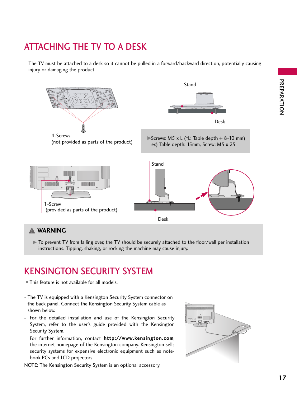 Attaching the tv to a desk, Kensington security system, Warning | LG 32LD350C User Manual | Page 17 / 126