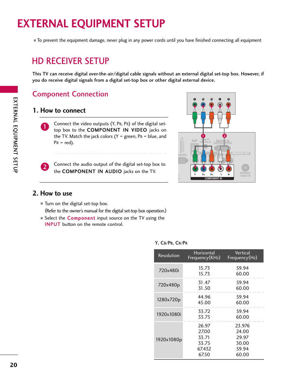External equipment setup, Hd receiver setup, Component connection | How to connect, How to use, External eq uipment setup | LG 32LD350C User Manual | Page 20 / 126