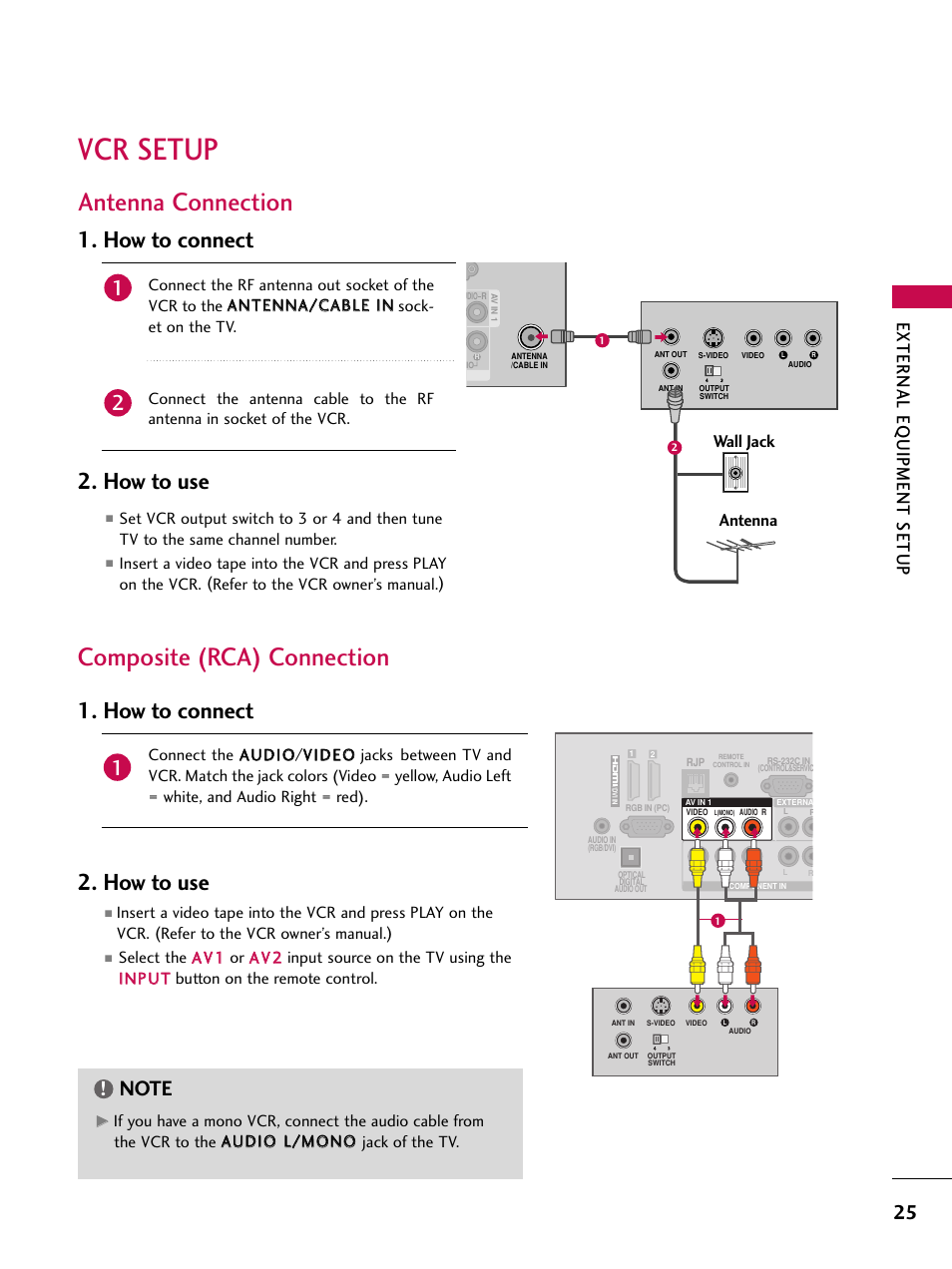 Vcr setup, Antenna connection, Composite (rca) connection | How to connect, How to use, How to connect 2. how to use, External eq uipment setup, Wall jack antenna | LG 32LD350C User Manual | Page 25 / 126