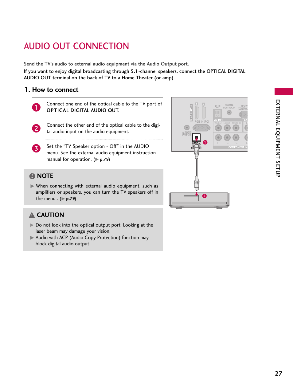 Audio out connection, How to connect, Caution | External eq uipment setup | LG 32LD350C User Manual | Page 27 / 126