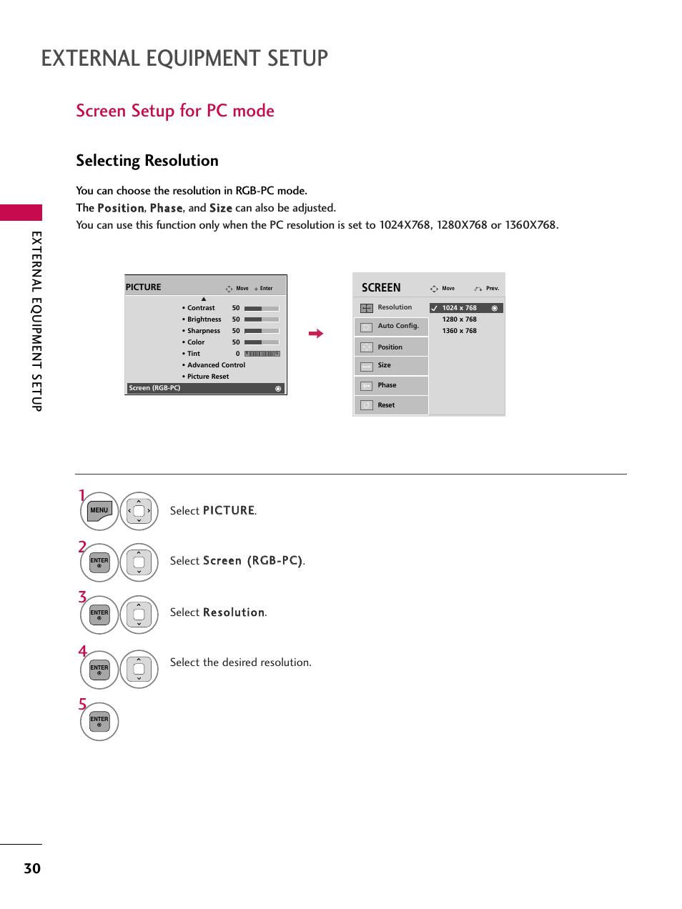 External equipment setup, Screen setup for pc mode, Selecting resolution | External eq uipment setup | LG 32LD350C User Manual | Page 30 / 126