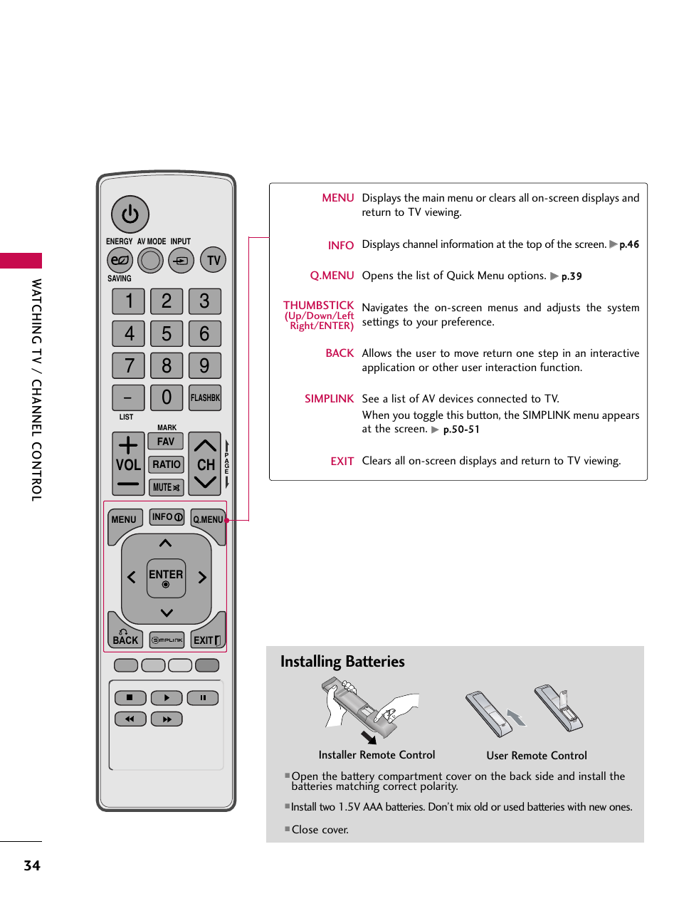 Installing batteries, Ch vol | LG 32LD350C User Manual | Page 34 / 126