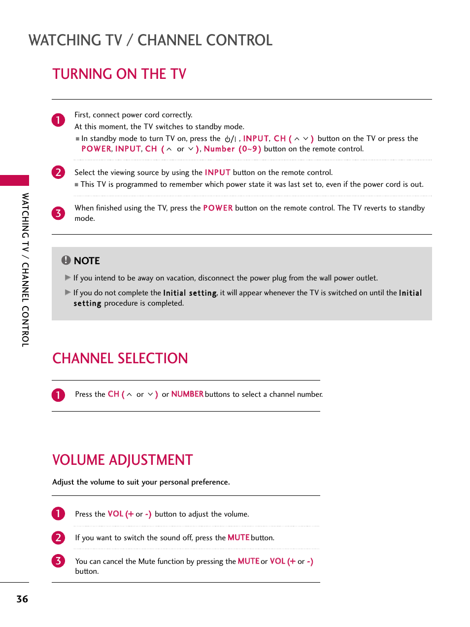 Turning on the tv, Channel selection, Volume adjustment | Watching tv / channel control, Volume adjustment channel selection | LG 32LD350C User Manual | Page 36 / 126