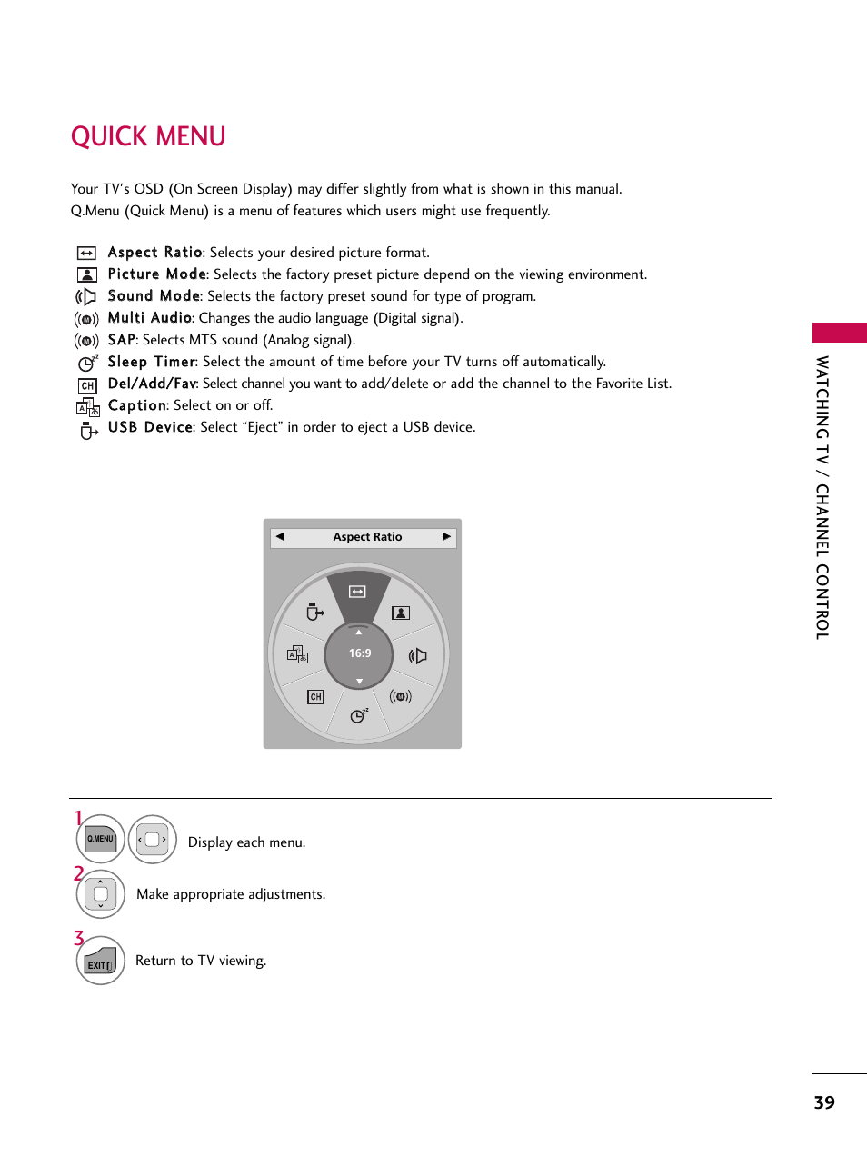 Quick menu | LG 32LD350C User Manual | Page 39 / 126